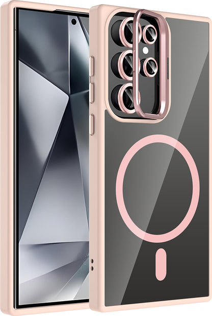 Galaxy S24 Ultra Kılıf Standlı ve Kamera Lens Hediyeli M-Safe Şarj Özellikli Mnc Etro Kapak - Pembe