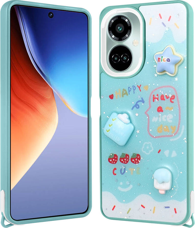 Tecno Camon 19 Pro Kılıf Parlayan Sıvılı Simli Kabartma Figürlü Mnc Cevze Kapak-Yeşil