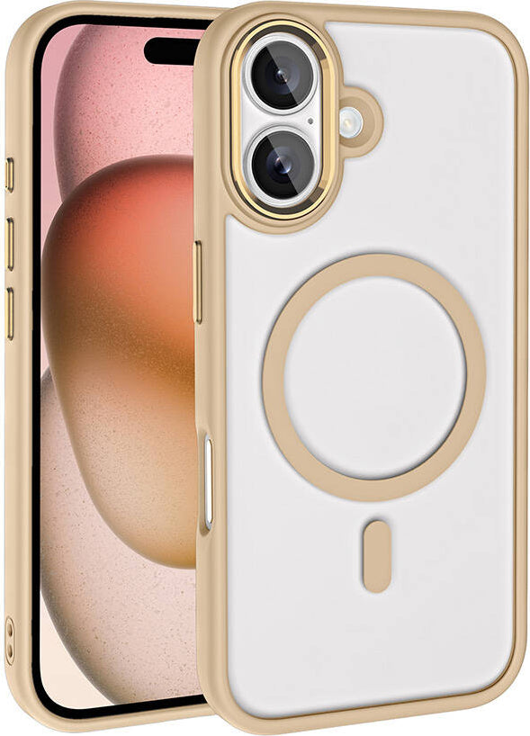 Apple iPhone 16 Kılıf Wireless Şarj Özellikli Mnc Krom Magsafe Silikon Kapak-Gold