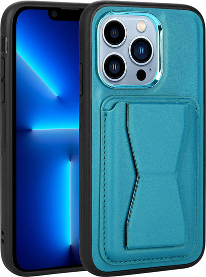 Apple iPhone 13 Pro Max Kılıf Kartlıklı Standlı pu Deri Mnc Memo Kapak-Mavi