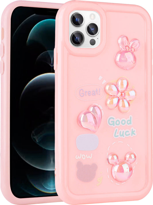 Apple iPhone 13 Pro Kılıf Kabartma Figürlü Parlak Mnc Toys Silikon Kapak-Pembe