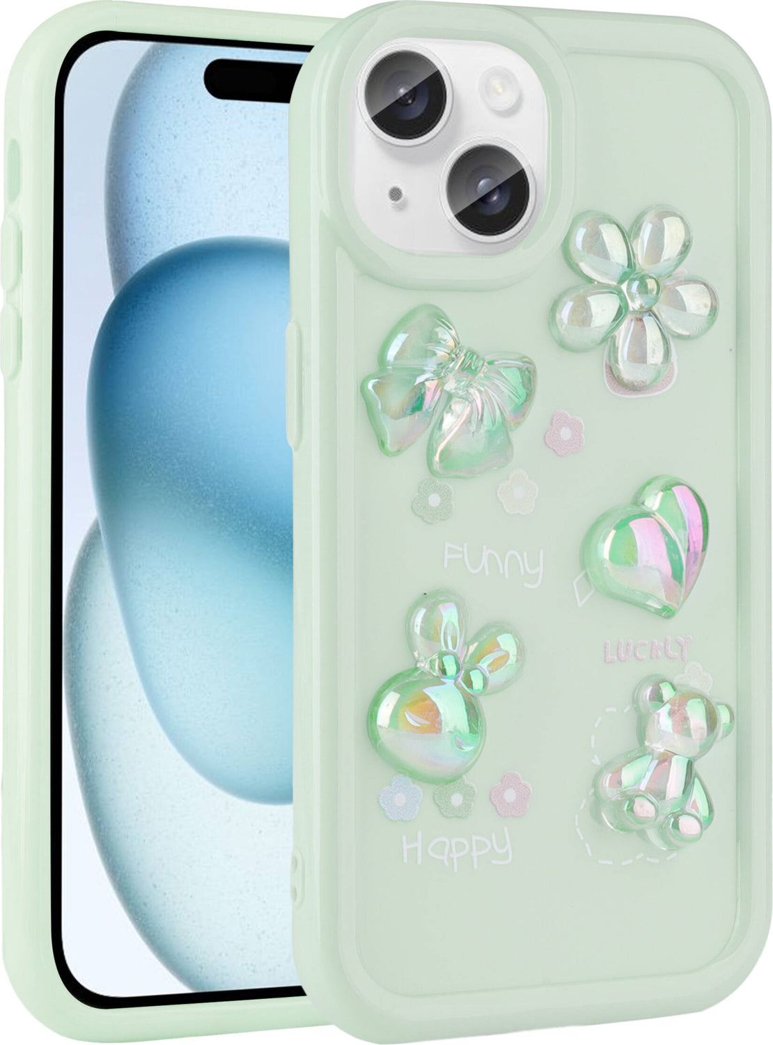 Apple iPhone 14 Plus Kılıf Kabartma Figürlü Parlak Mnc Toys Silikon Kapak-Açık Yeşil