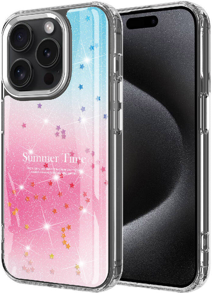Apple iPhone 15 Pro Max Kılıf Simli Desenli Parlak Mnc Task Kapak-Pembe
