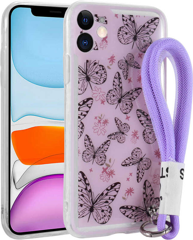 iPhone 11 Uyumlu Desenli El Askılı Ipli Mnc Astana Silikon Kapak-Kelebek