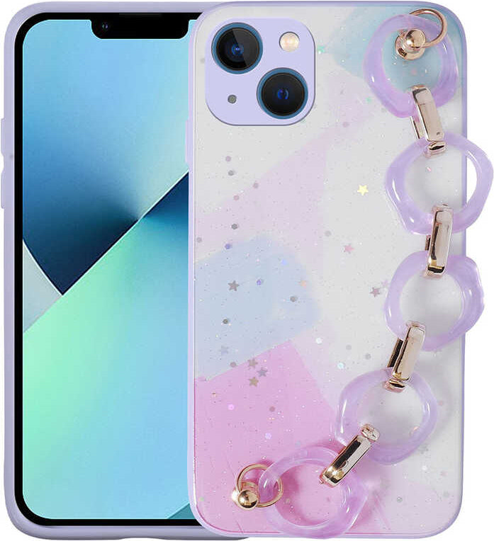 iPhone 13 Kılıf Simli Desenli El Askılı Tutacaklı Mnc Elsa Silikon Kapak-Lila