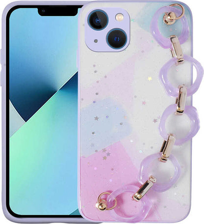 iPhone 13 Kılıf Simli Desenli El Askılı Tutacaklı Mnc Elsa Silikon Kapak-Lila