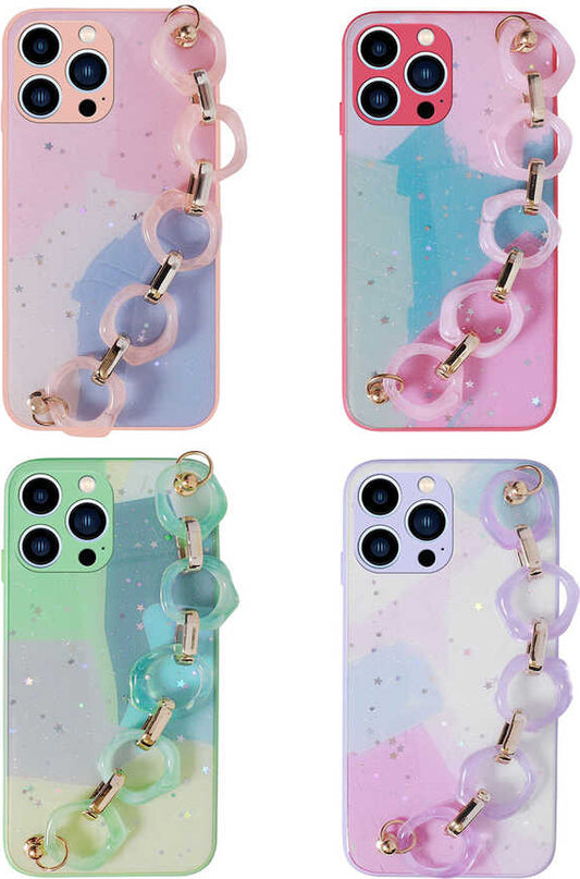 iPhone 13 Pro Max Kılıf Simli Desenli El Askılı Tutacaklı Mnc Elsa Silikon Kapak-Pembe