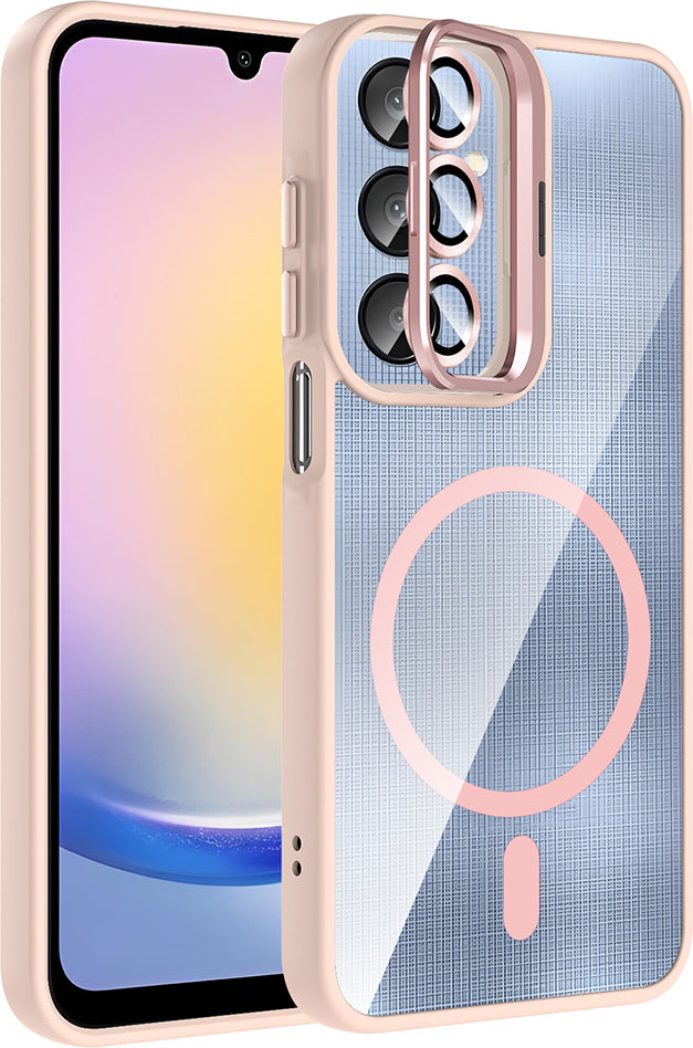 Galaxy A25 Kılıf Standlı ve Kamera Lens Hediyeli M-Safe Şarj Özellikli Mnc Etro Kapak - Pembe