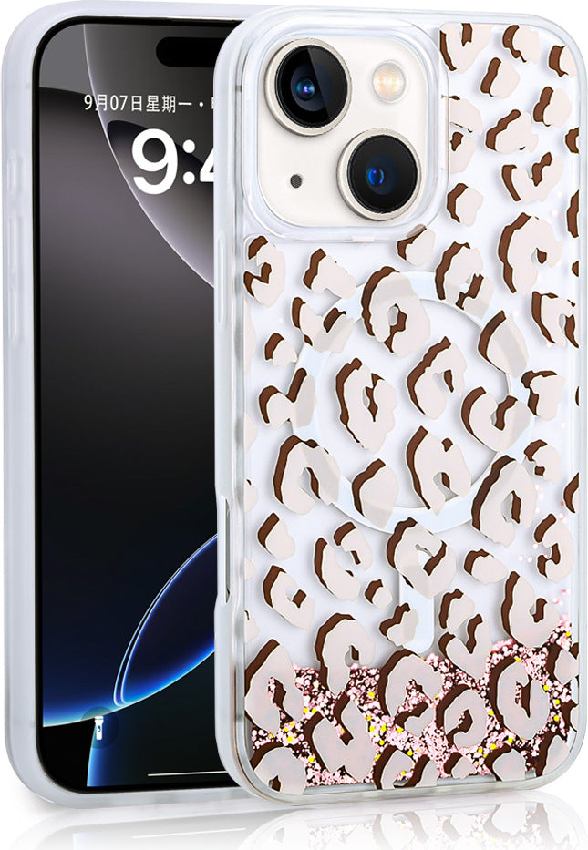 iPhone 15 Uyumlu Kılıf Sıvılı Simli Baskılı Şeffaf Arka Yüzey Mnc Mossa Silikon Kapak-Pembe