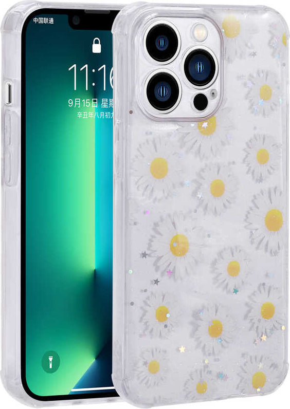 iPhone 12 Pro Max Uyumlu Simli Desenli Kamera Korumalı Parlak Mnc Popy Kapak-Papatya