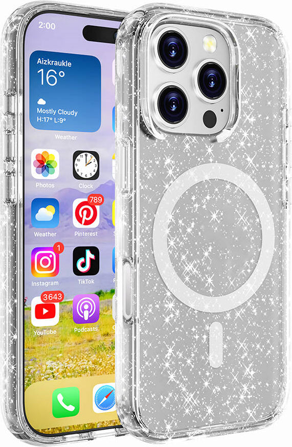 Apple iPhone 16 Pro Kılıf Magsafe Şarj Özellikli Parlayan Simli Saydam Renkli Mnc Allstar Kapak-Şef