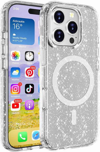 Apple iPhone 16 Pro Kılıf Magsafe Şarj Özellikli Parlayan Simli Saydam Renkli Mnc Allstar Kapak-Şef