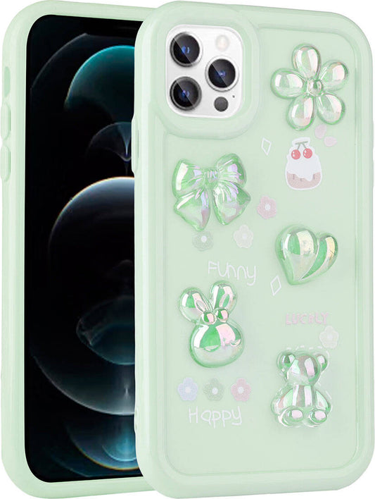 Apple iPhone 12 Pro Max Kılıf Kabartma Figürlü Parlak Mnc Toys Silikon Kapak-Açık Yeşil