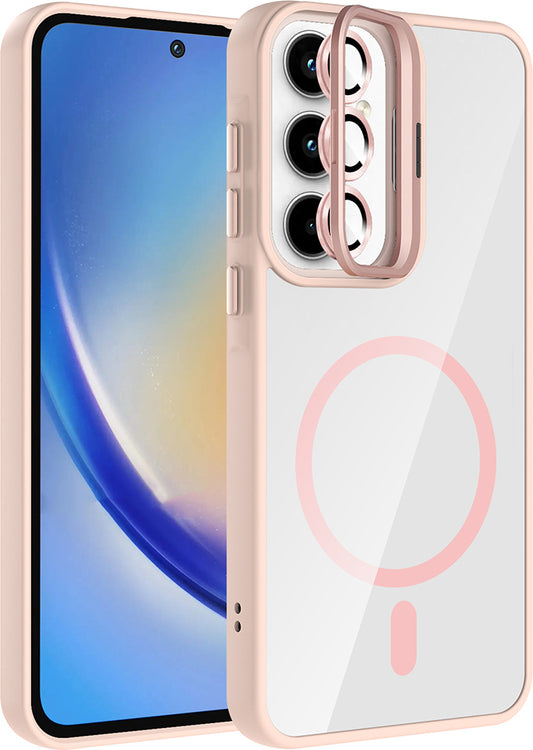 Galaxy A55 Kılıf Standlı ve Kamera Lens Hediyeli M-Safe Şarj Özellikli Mnc Etro Kapak - Pembe