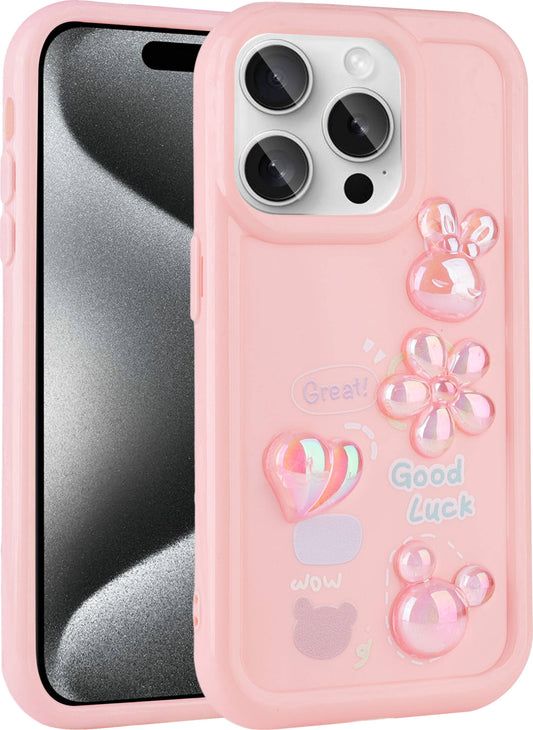 Apple iPhone 14 Pro Max Kılıf Kabartma Figürlü Parlak Mnc Toys Silikon Kapak-Pembe