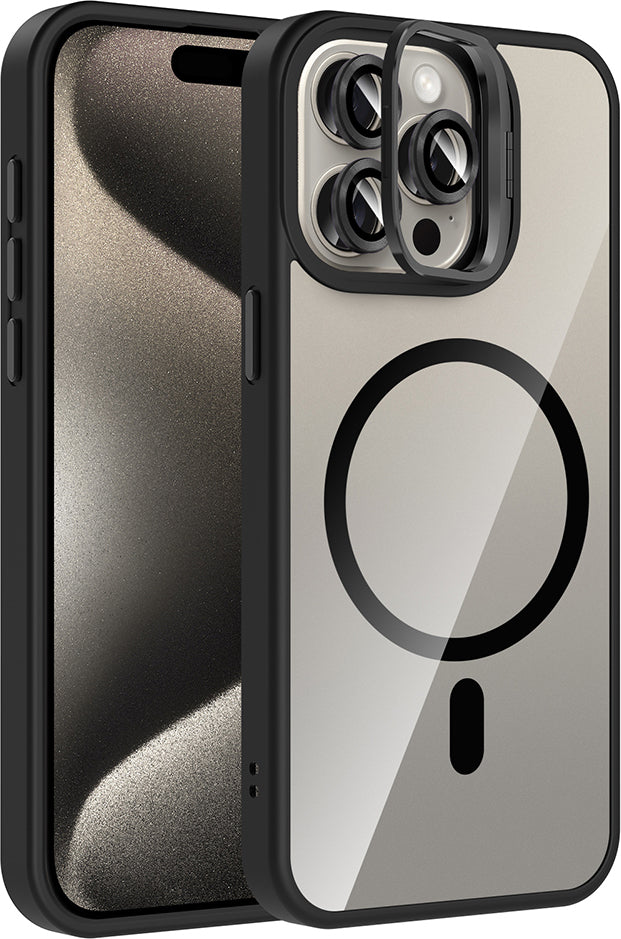 iPhone 15 Pro Max Kılıf Standlı ve Kamera Lens Hediyeli M-Safe Şarj Özellikli Mnc Etro Kapak - Siya