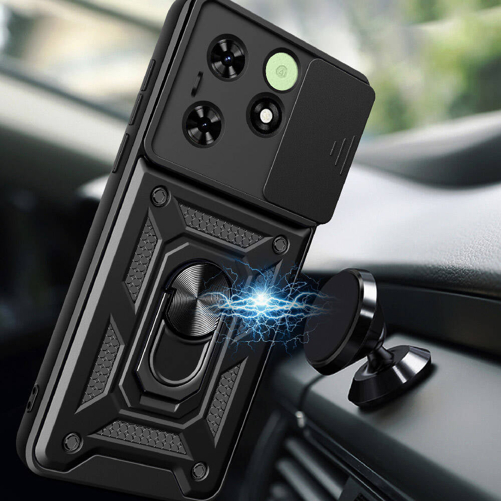 Tecno Spark 20C Kılıf Magnetik Standlı Kamera Korumalı Mnc Sürgülü Vega Kapak-Siyah