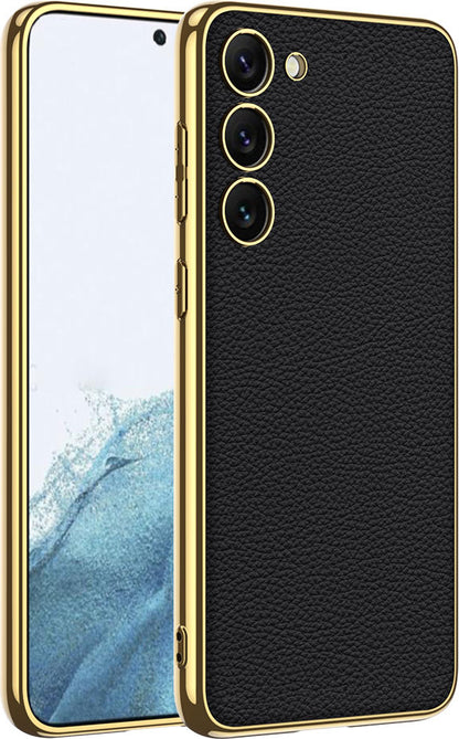 Galaxy S23 Kılıf Deri Görünümlü Kenarları Elektroplating Kaplama Mnc Fizyon Kapak-Siyah
