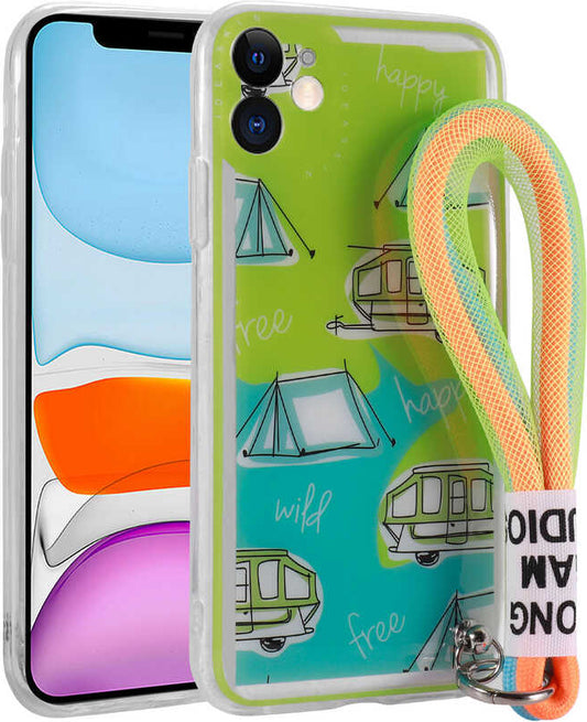 iPhone 11 Kılıf Desenli El Askılı Ipli Mnc Astana Silikon Kapak-Kamp