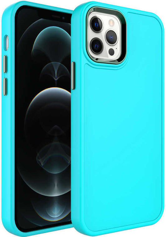 Apple iPhone 12 Pro Kılıf Metal Çerçeve ve Buton Tasarımlı Sert Mnc Botox Kapak-Turkuaz