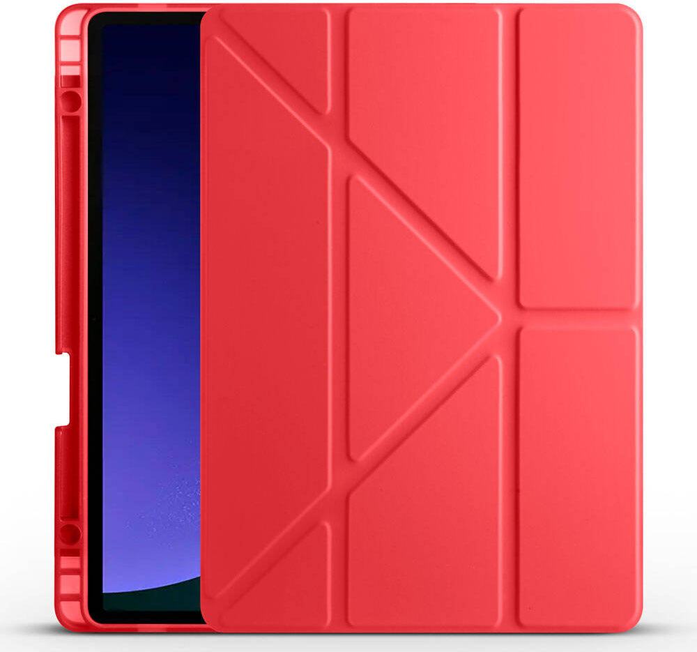 Galaxy Tab S9 Fe Kılıf  Uyumlu Mnc Tri Folding Kalem Bölmeli Standlı Kılıf-Kırmızı