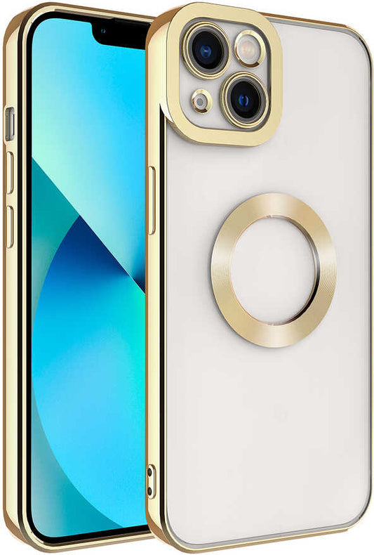 Apple iPhone 14 Plus Kılıf Kamera Korumalı Logo Gösteren Mnc Omega Kapak-Gold