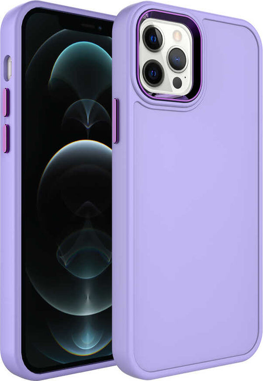 Apple iPhone 12 Pro Kılıf Metal Çerçeve ve Buton Tasarımlı Sert Mnc Botox Kapak-Lila