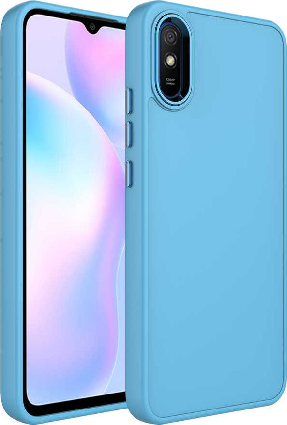 Xiaomi Redmi 9A Kılıf Metal Çerçeve ve Buton Tasarımlı Silikon Mnc Luna Kapak-Sierra Mavi