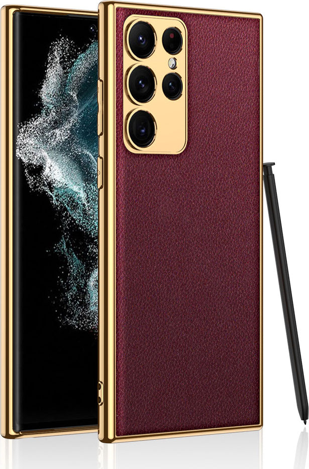 Galaxy S23 Ultra Kılıf Deri Görünümlü Kenarları Elektroplating Kaplama Mnc Fizyon Kapak-Kırmızı