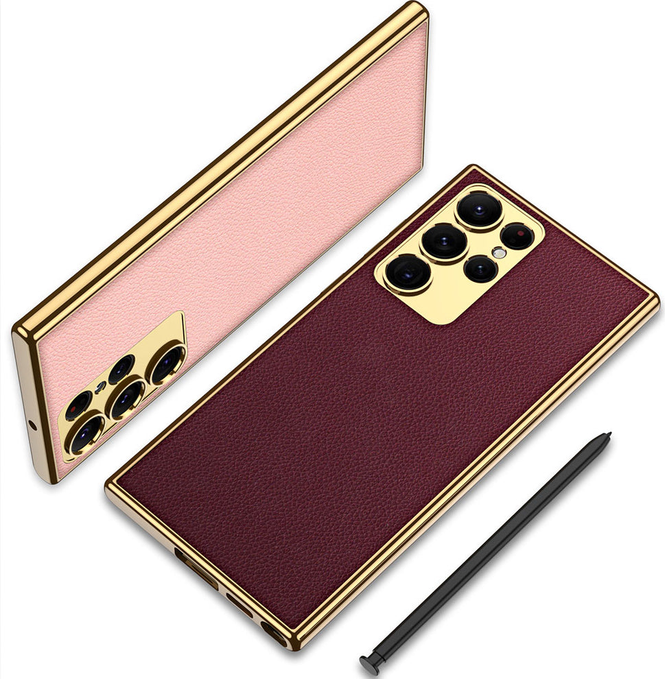 Galaxy S23 Ultra Kılıf Deri Görünümlü Kenarları Elektroplating Kaplama Mnc Fizyon Kapak-Kırmızı