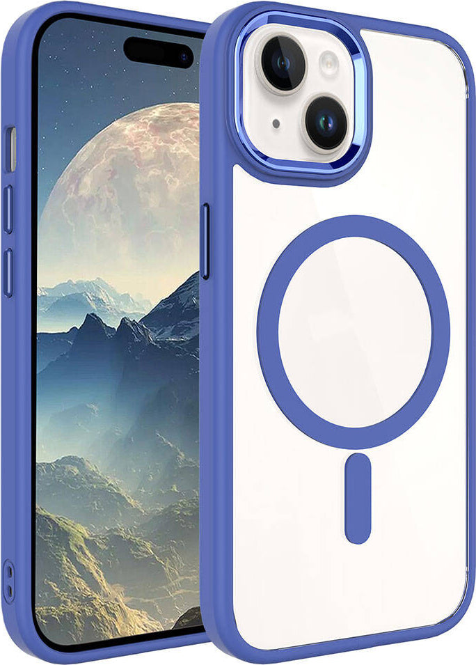 Apple iPhone 15 Plus Kılıf Wireless Şarj Özellikli Mnc Krom Magsafe Silikon Kapak-Mavi