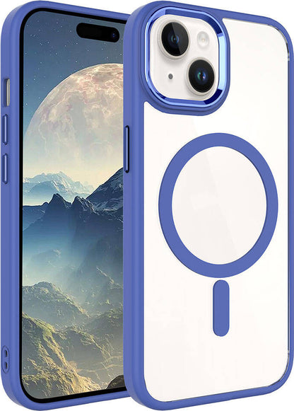 Apple iPhone 15 Plus Kılıf Wireless Şarj Özellikli Mnc Krom Magsafe Silikon Kapak-Mavi
