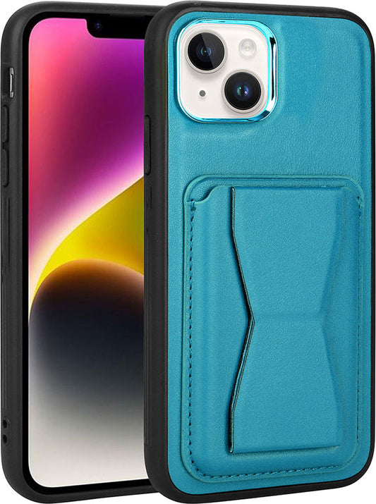 Apple iPhone 14 Plus Kılıf Kartlıklı Standlı pu Deri Mnc Memo Kapak-Mavi