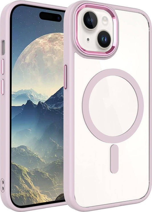 Apple iPhone 15 Plus Kılıf Wireless Şarj Özellikli Mnc Krom Magsafe Silikon Kapak-Pembe Açık