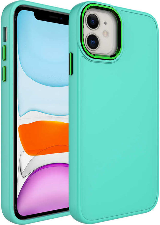 Apple iPhone 11 Kılıf Metal Çerçeve ve Buton Tasarımlı Silikon Mnc Luna Kapak-Turkuaz