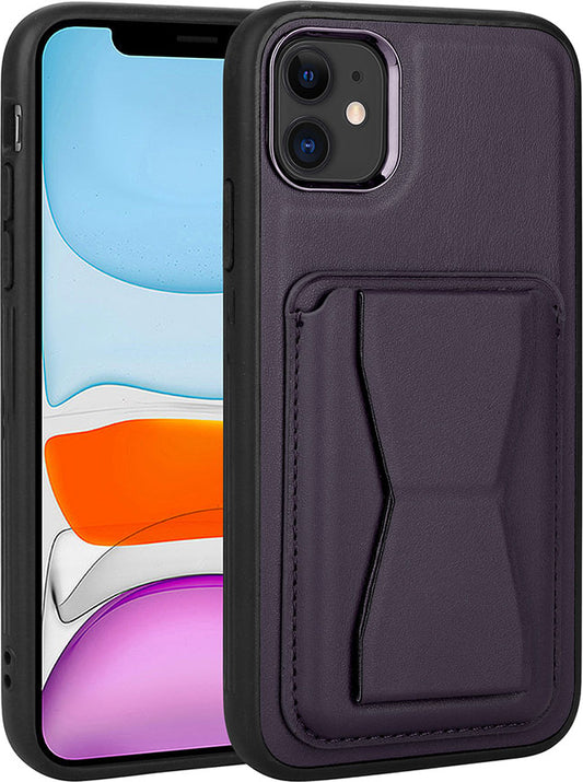 Apple iPhone 11 Kılıf Kartlıklı Standlı pu Deri Mnc Memo Kapak-Koyu Mor