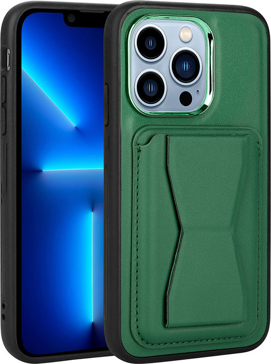 Apple iPhone 12 Pro Kılıf Kartlıklı Standlı pu Deri Mnc Memo Kapak-Koyu Yeşil