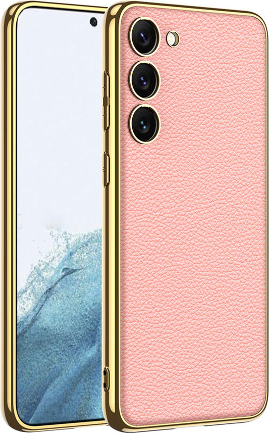 Galaxy S23 Plus Kılıf Deri Görünümlü Kenarları Elektroplating Kaplama Mnc Fizyon Kapak-Pembe