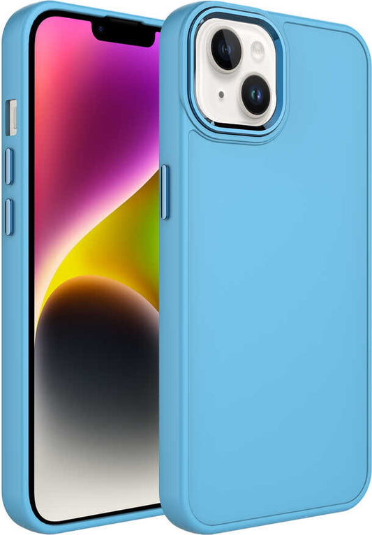Apple iPhone 14 Kılıf Metal Çerçeve ve Buton Tasarımlı Silikon Mnc Luna Kapak-Sierra Mavi
