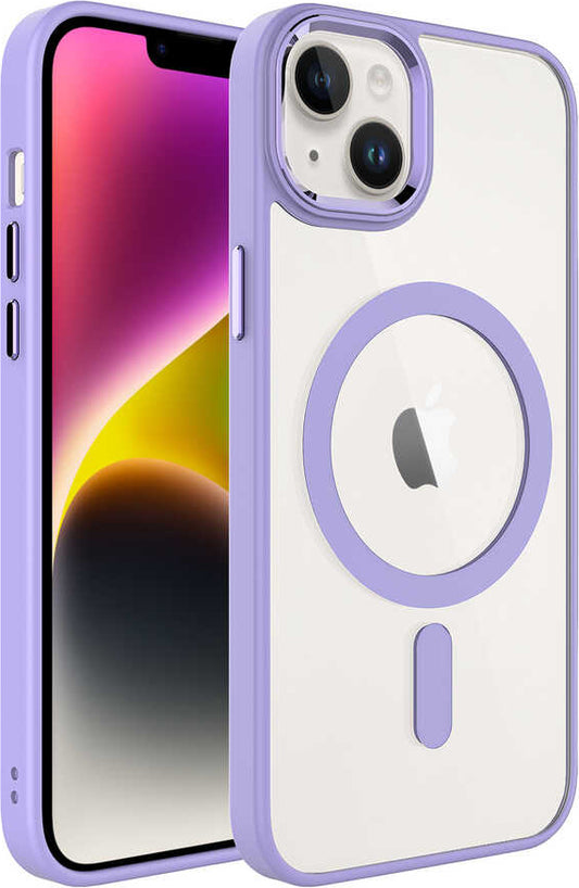 Apple iPhone 14 Kılıf Wireless Şarj Özellikli Mnc Krom Magsafe Silikon Kapak-Lila