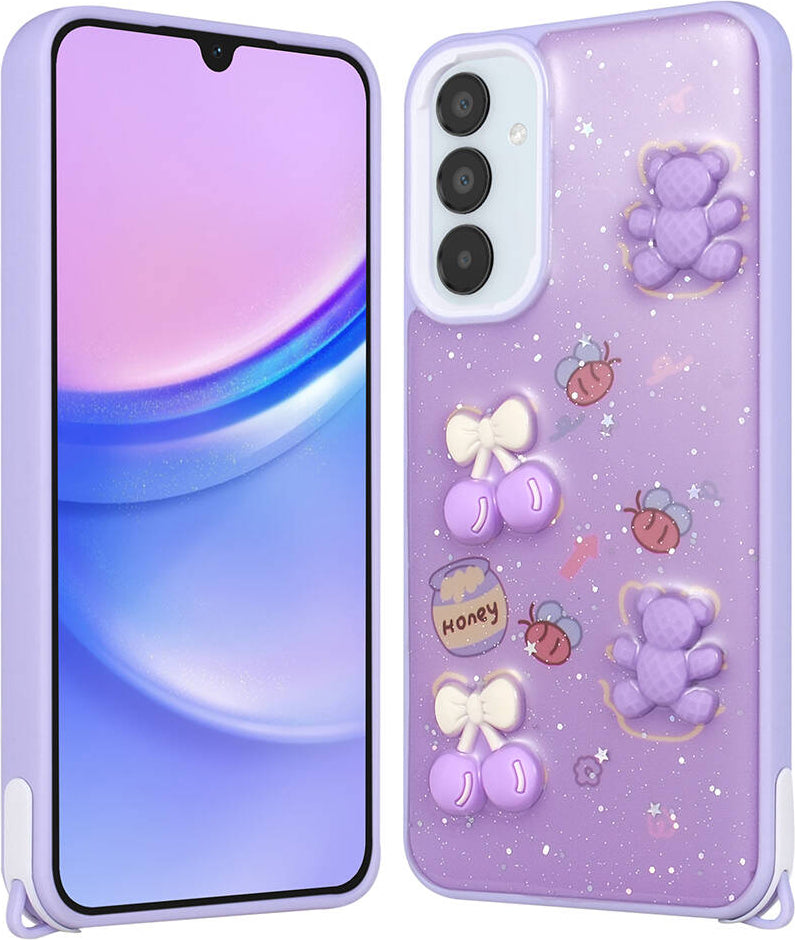 Galaxy A54 Kılıf Parlayan Sıvılı Simli Kabartma Figürlü Mnc Cevze Kapak-Mor Ayı