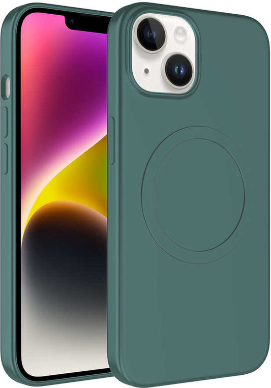 Apple iPhone 14 Plus Kılıf Magsafe Wireless Şarj Özellikli Pastel Renk Silikon Mnc Plas Kapak-Koyu Yeşil