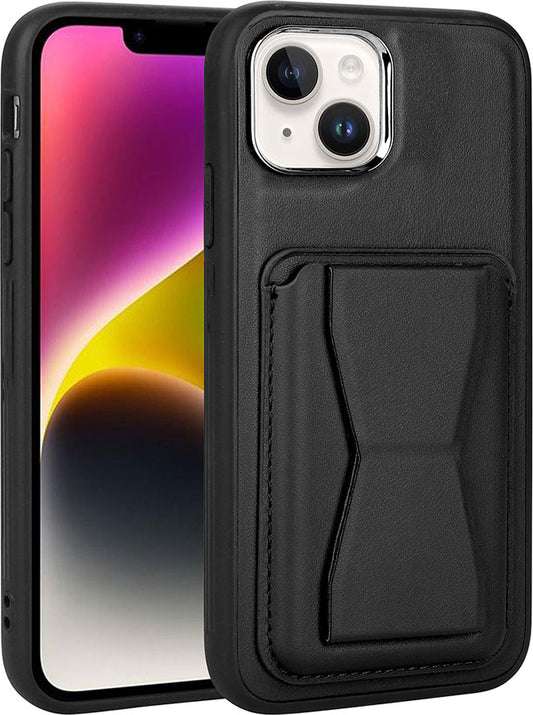 Apple iPhone 14 Plus Kılıf Kartlıklı Standlı pu Deri Mnc Memo Kapak-Siyah