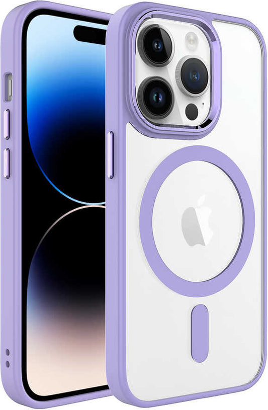 Apple iPhone 14 Pro Kılıf Wireless Şarj Özellikli Mnc Krom Magsafe Silikon Kapak-Lila