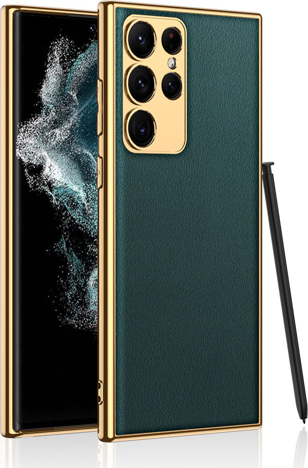 Galaxy S23 Ultra Kılıf Deri Görünümlü Kenarları Elektroplating Kaplama Mnc Fizyon Kapak-Koyu Yeşil
