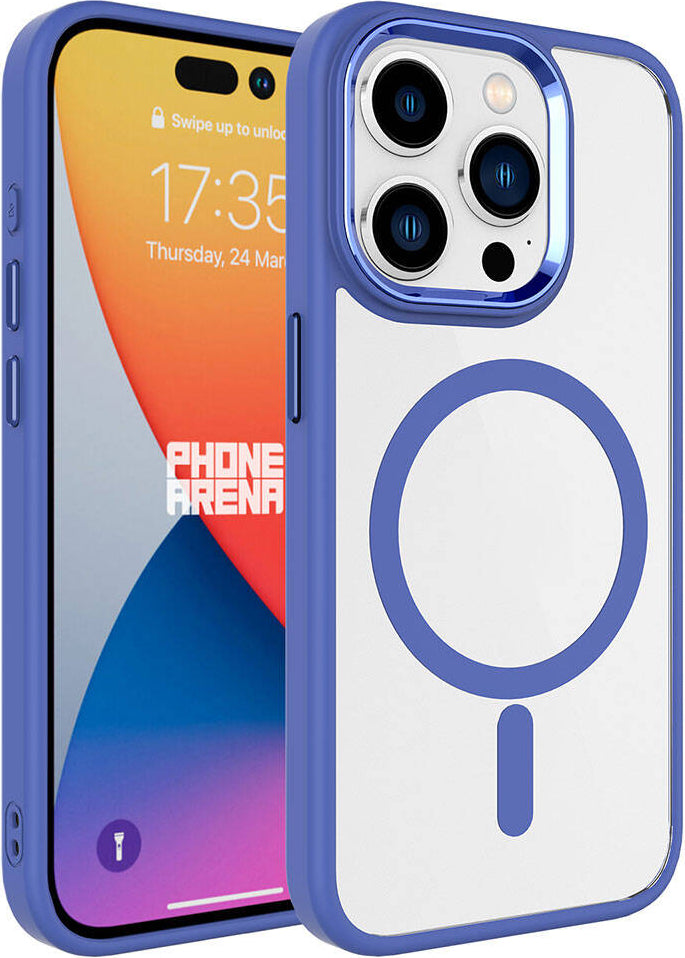 Apple iPhone 15 Pro Max Kılıf Wireless Şarj Özellikli Mnc Krom Magsafe Silikon Kapak-Mavi