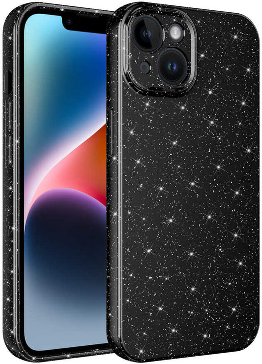 Apple iPhone 14 Kılıf Kamera Korumalı Simli Lüks Mnc Koton Kapak-Siyah