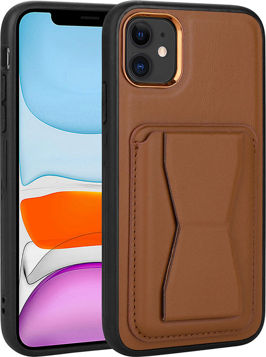 Apple iPhone 12 Kılıf Kartlıklı Standlı pu Deri Mnc Memo Kapak-Kahverengi