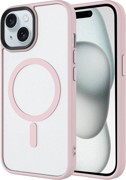 Apple iPhone 15 Plus Kılıf Mat Arka Yüzey Wireless Şarj Özellikli Mnc Flet Magsafe Kapak-Pembe