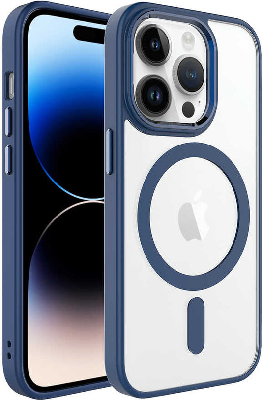 Apple iPhone 14 Pro Kılıf Wireless Şarj Özellikli Mnc Krom Magsafe Silikon Kapak-Lacivert